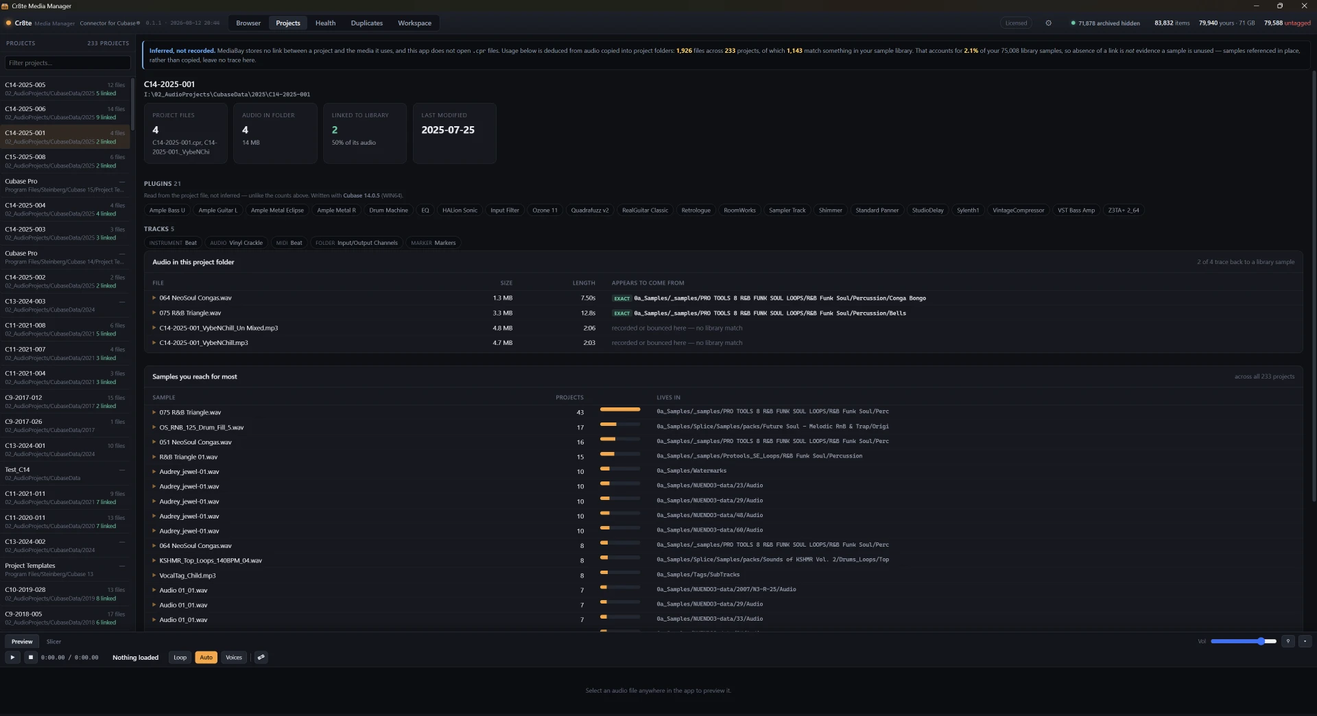 Cr8te Projects — Which samples your projects actually reach for, inferred from project folders.