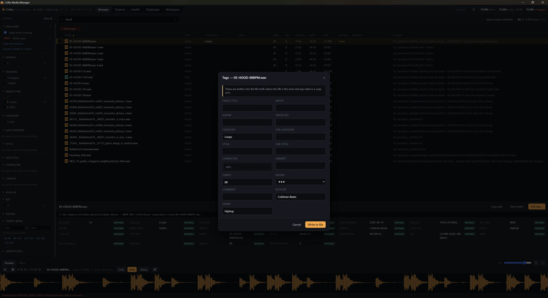 Cr8te Tag editor — Tags are written into the file itself, not just into an index that can go stale.