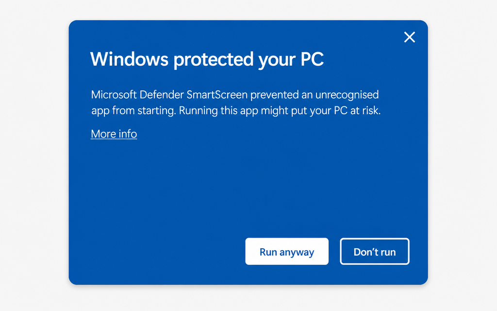 Windows SmartScreen dialog reading Windows protected your PC, with the More info link and Run anyway button