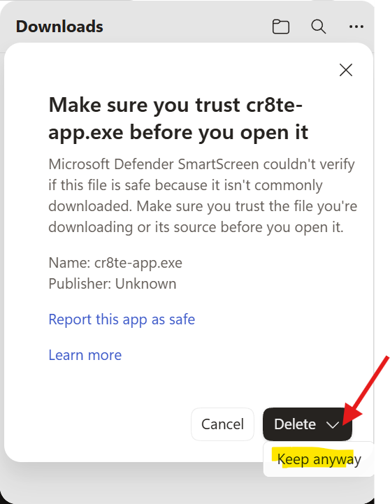 Microsoft Edge SmartScreen dialog reading Make sure you trust cr8te-app.exe before you open it, with the Keep anyway option highlighted