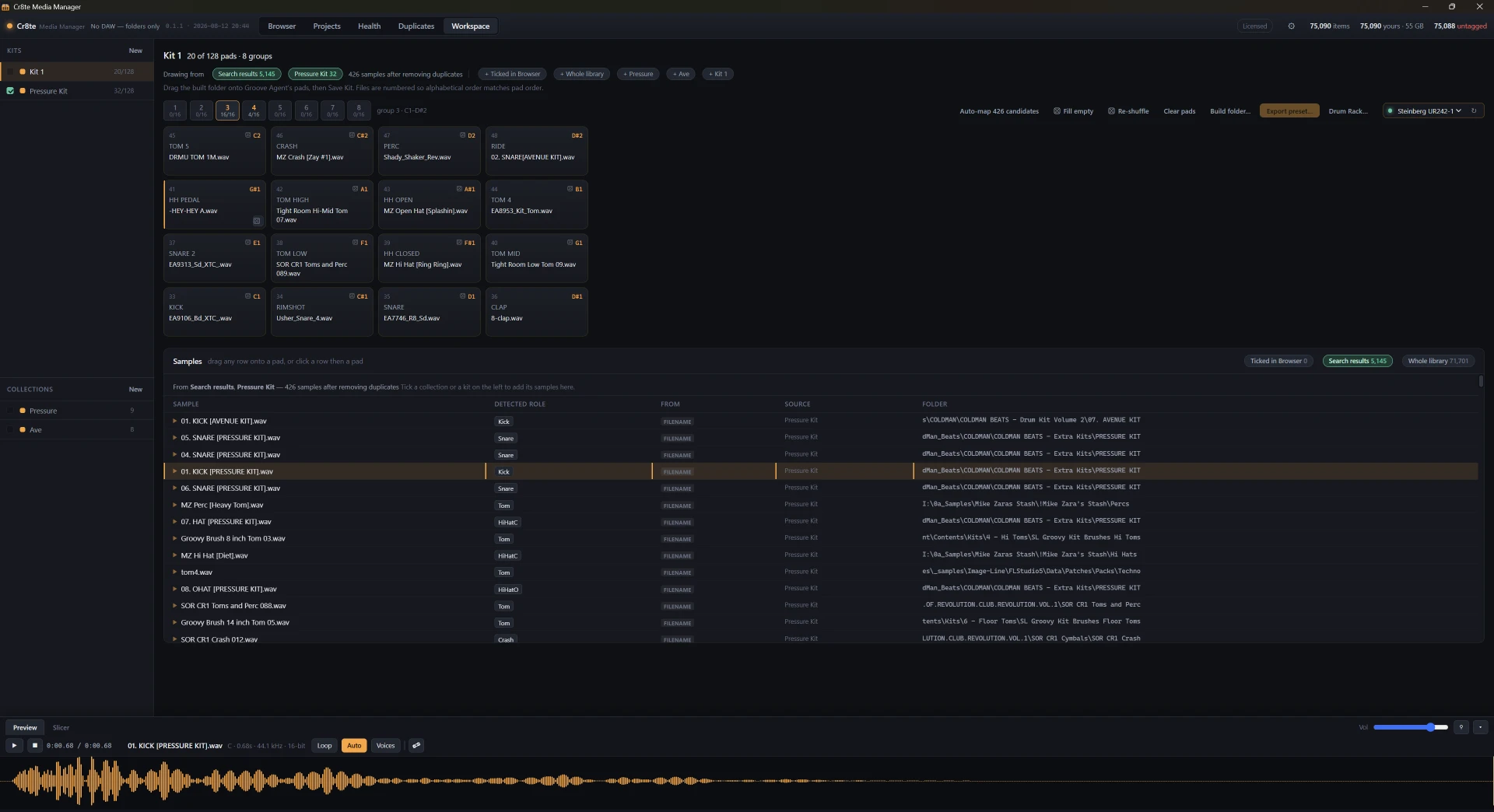 Cr8te Kit builder — Detected roles mapped onto 128 pads. Export the preset or build the folder.