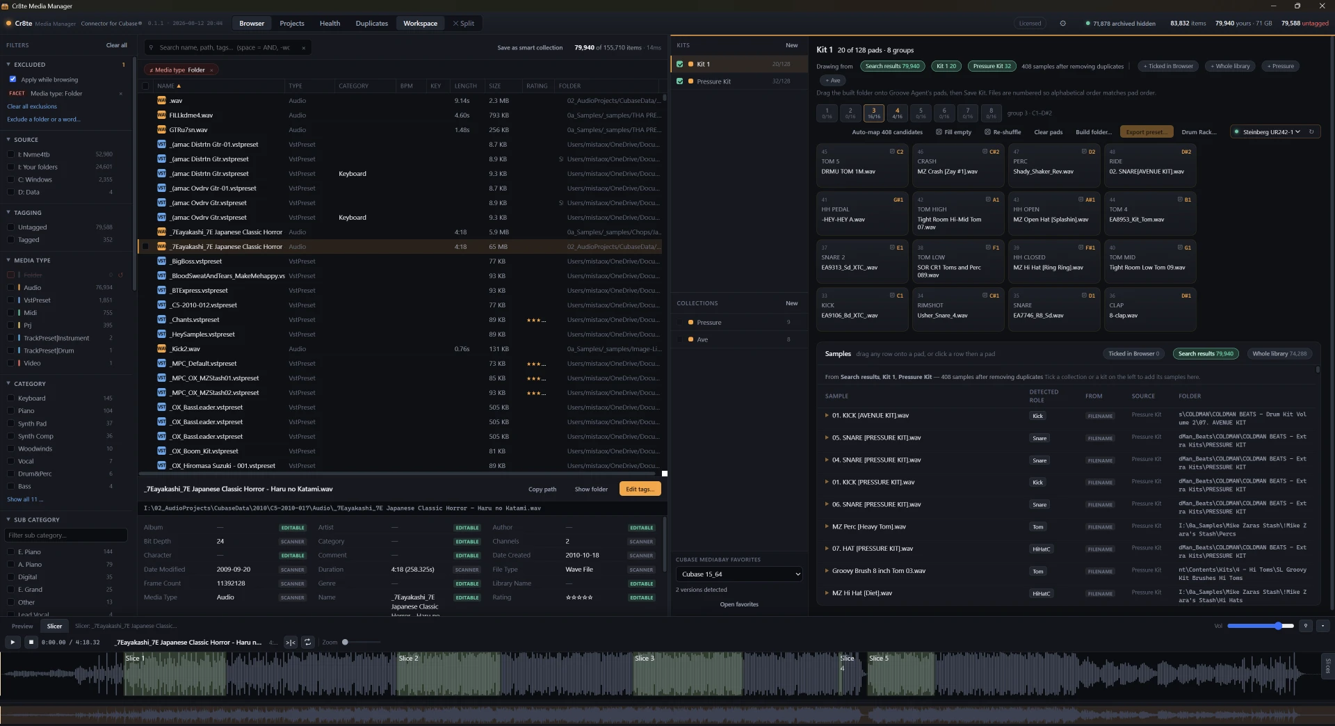 Cr8te Split workspace — Browser, kits and pads side by side while you dig.